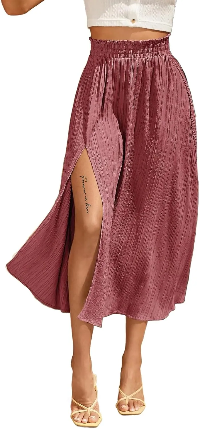 Avanova Women Slit Split High Waist Pleated Long Skirt Elastic Flowy Midi Skirt