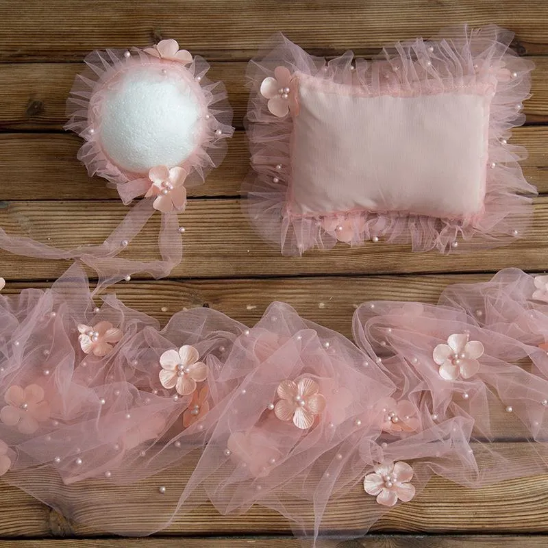 Babymoon | Set of 3 | Baby Floral Net Wrap,  Pillow & Bonnet | Baby Photography Props | Pink