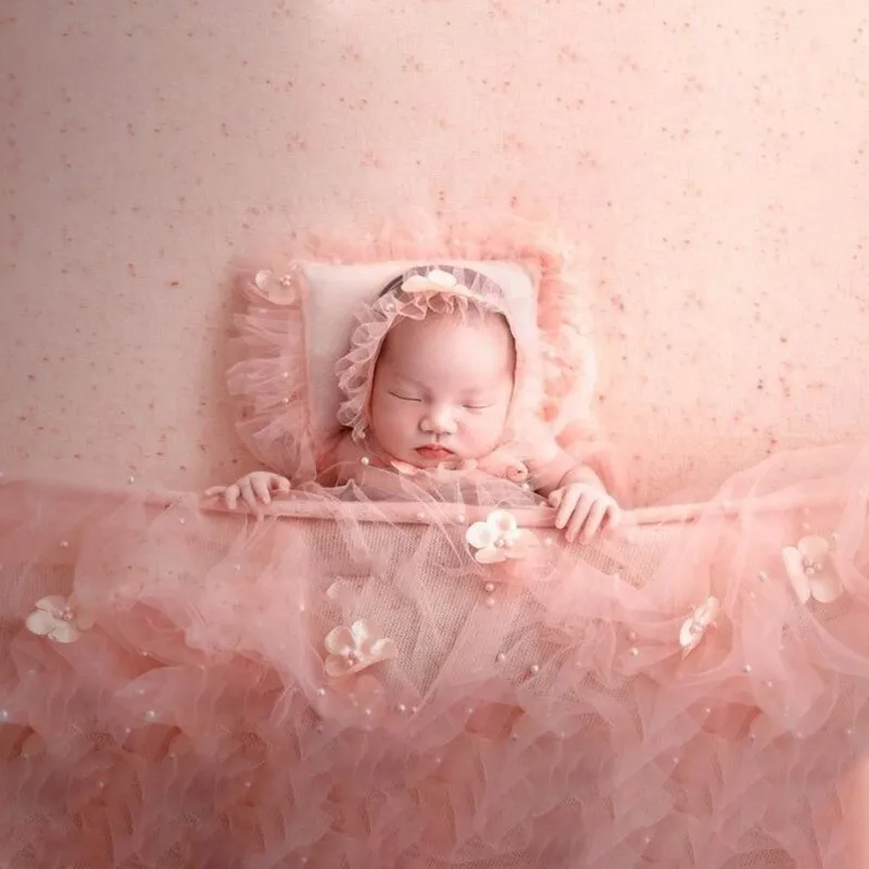 Babymoon | Set of 3 | Baby Floral Net Wrap,  Pillow & Bonnet | Baby Photography Props | Pink