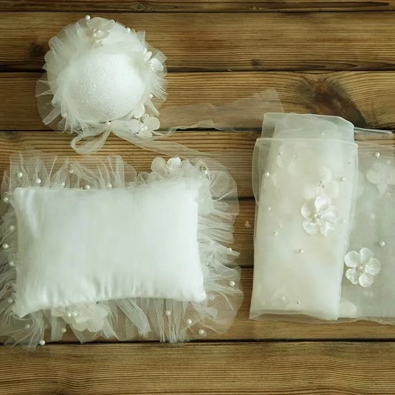 Babymoon | Set of 3 | Baby Floral Net Wrap,  Pillow & Bonnet | Baby Photography Props | White