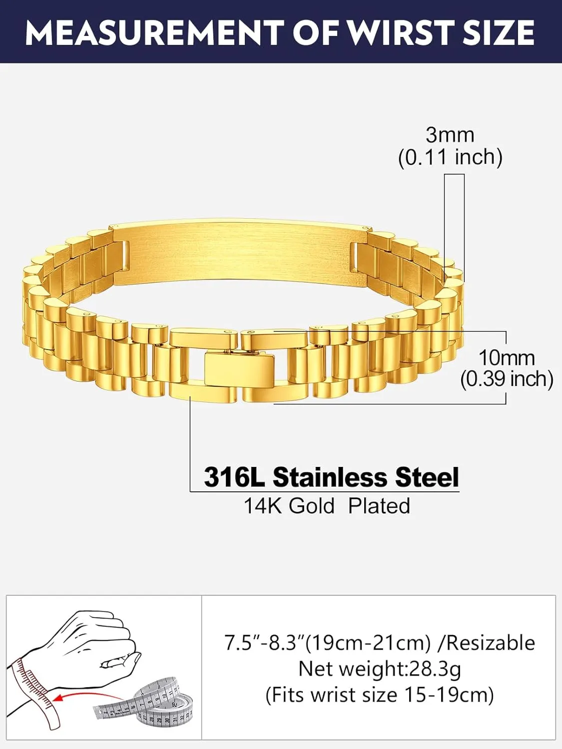 Bandmax Stainless Steel Watch Strap Link Chain Bracelets 10MM/15MM Waterproof Chic Chunky Fake Watch Hand Chain Wristbands Gift for Men Women, Custom Available