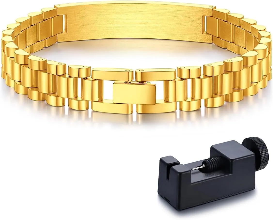 Bandmax Stainless Steel Watch Strap Link Chain Bracelets 10MM/15MM Waterproof Chic Chunky Fake Watch Hand Chain Wristbands Gift for Men Women, Custom Available