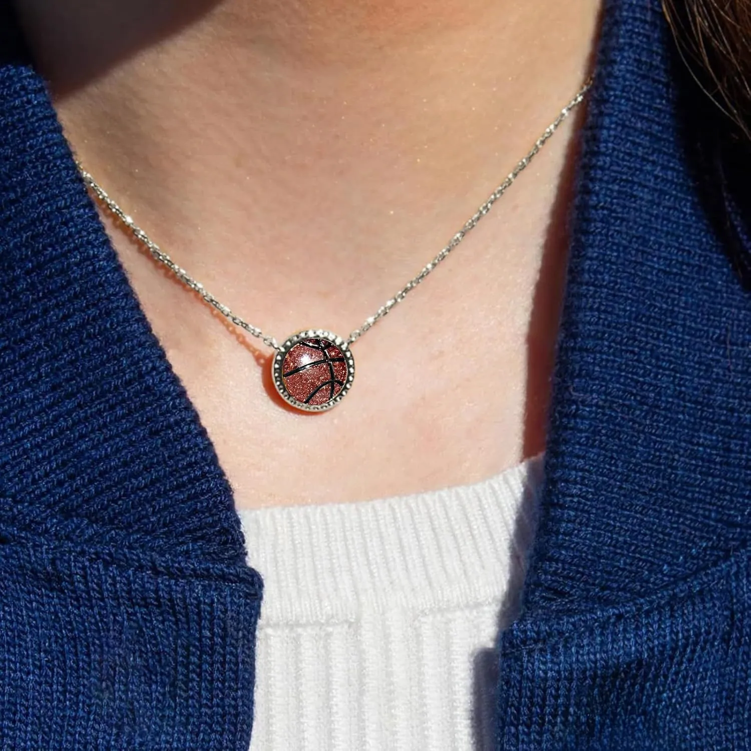 Basketball Pendant Necklace Sterling Silver Basketball Stuff Chain Basketball Accessories Jewelry Stackable Necklace for Teens, Jewelry for Player