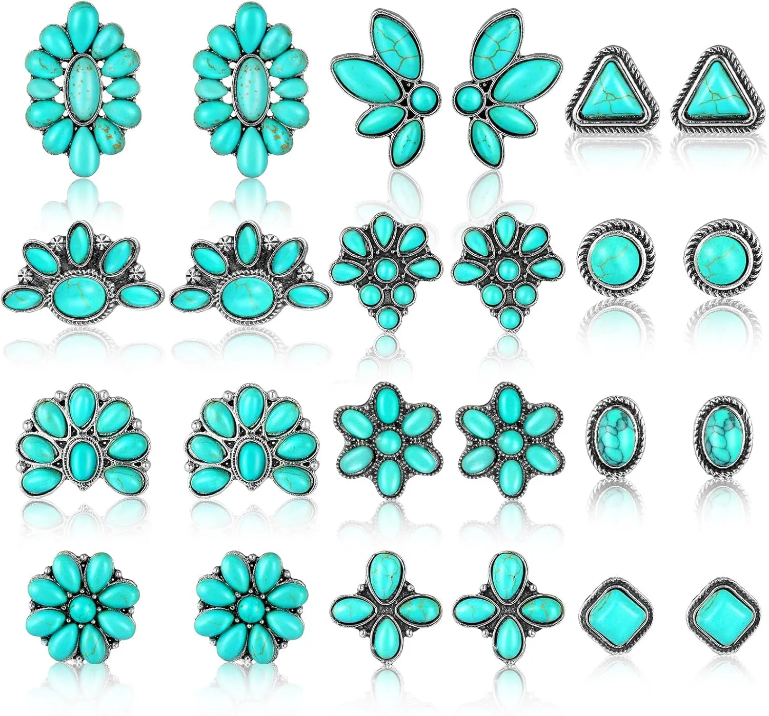 BBTO 12 Pairs Turquoise Stud Earrings Set - Small Gemstone Cut Bohemian Jewelry for Women - Metal Geometric Triangle Oval Flower Round Square Studs