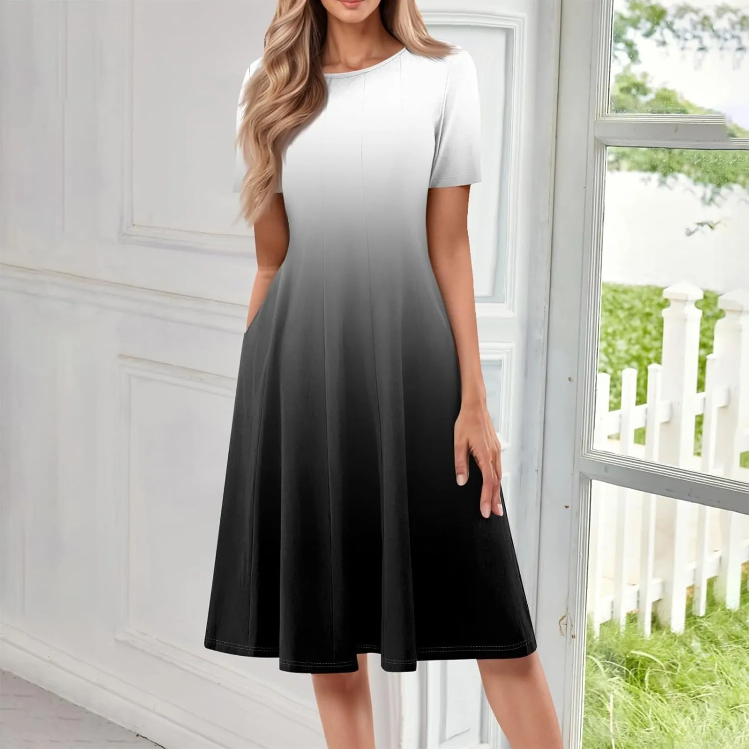 Beach Dresses for Women 2025 Summer Short Sleeve Vacation Sundresses Elegant Casual Crewneck Dress