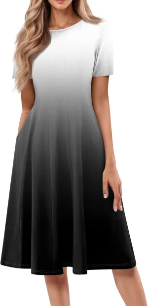 Beach Dresses for Women 2025 Summer Short Sleeve Vacation Sundresses Elegant Casual Crewneck Dress