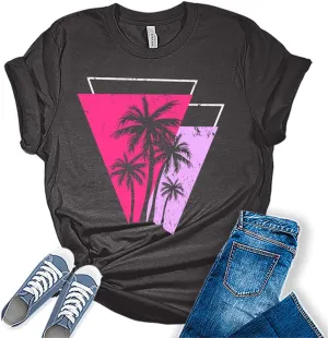 Beach Shirts for Women Coconut Trees Hawaiian Graphic Tshirt Summer Vacation Beach Tees Tops
