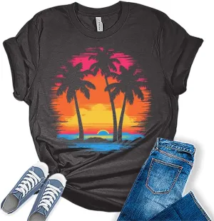 Beach Shirts for Women Coconut Trees Hawaiian Graphic Tshirt Summer Vacation Beach Tees Tops