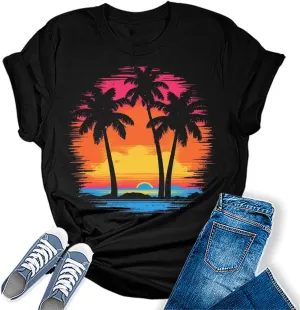 Beach Shirts for Women Coconut Trees Hawaiian Graphic Tshirt Summer Vacation Beach Tees Tops