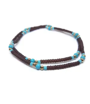 Beachy Brown, Turquoise-color, And Gold-tone Stretch Double Anklet. 2 pieces.