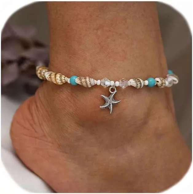 Beaded Anklets for Women, Starfish Turtle Conch Anklet Adjustable Handmade Charm Foot Chain Boho Sandal Barefoot Jewelry Summer Beach Party for Women