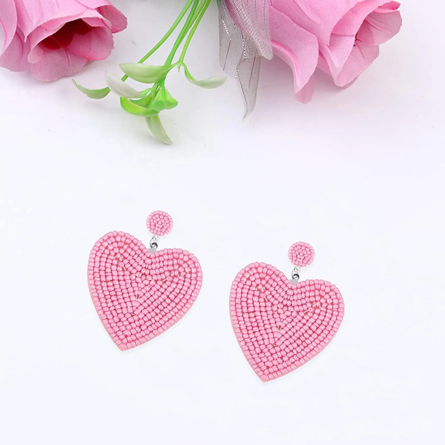 Beaded Drop Earrings Handmade Seed Bead Heart Hoop Dangle Bohemia Statement Earring Studs for Women