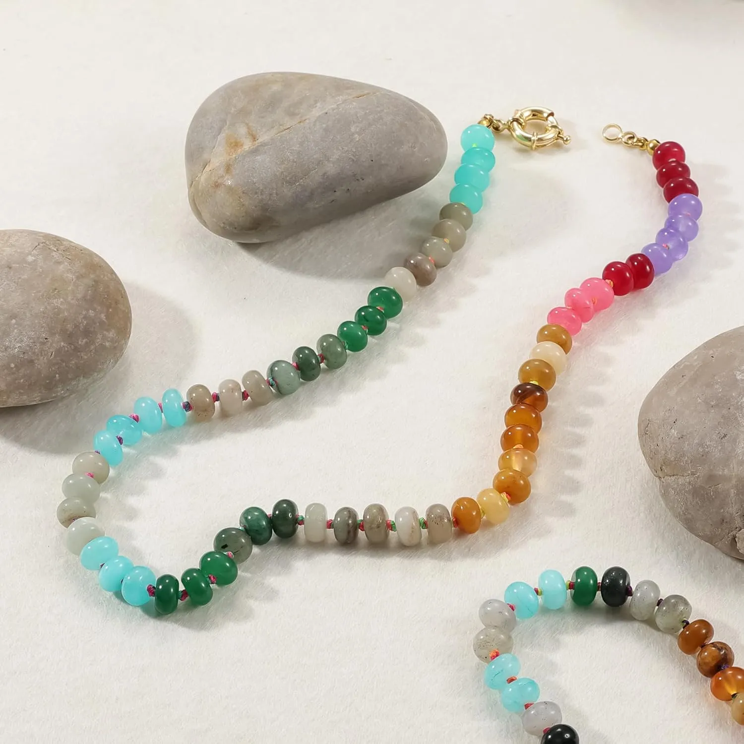 Beaded Gemstone Necklace for Women, Colorful Boho Bead Choker Necklace Natural Stone Freshwater Pearl Surfer Beach Necklace 14K Gold Plated Summer Handmade Jewelry Gifts