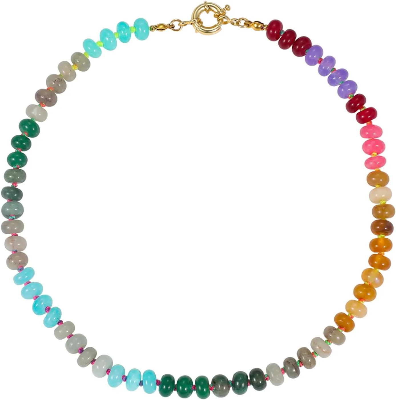 Beaded Gemstone Necklace for Women, Colorful Boho Bead Choker Necklace Natural Stone Freshwater Pearl Surfer Beach Necklace 14K Gold Plated Summer Handmade Jewelry Gifts