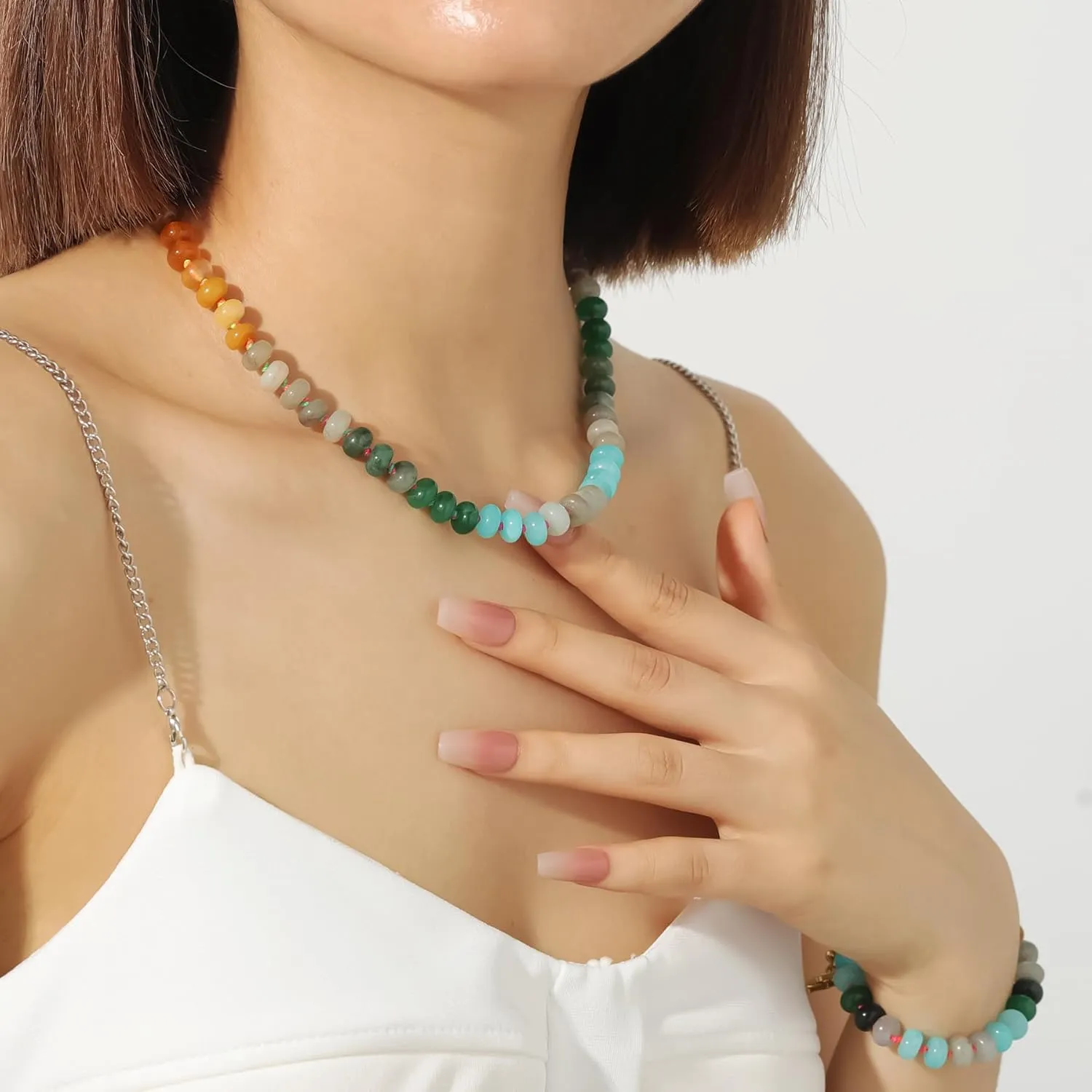 Beaded Gemstone Necklace for Women, Colorful Boho Bead Choker Necklace Natural Stone Freshwater Pearl Surfer Beach Necklace 14K Gold Plated Summer Handmade Jewelry Gifts