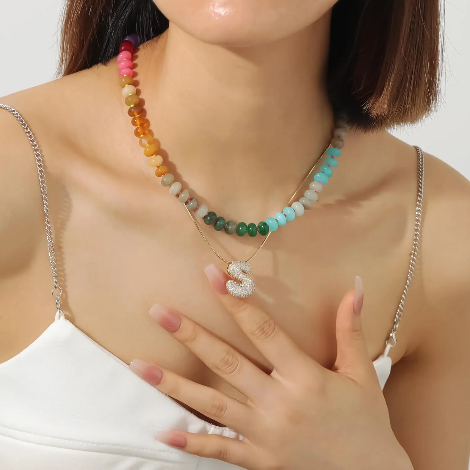 Beaded Gemstone Necklace for Women, Colorful Boho Bead Choker Necklace Natural Stone Freshwater Pearl Surfer Beach Necklace 14K Gold Plated Summer Handmade Jewelry Gifts