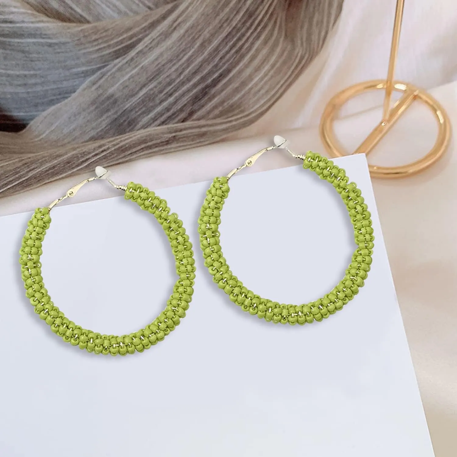 Beaded Hoop Earrings for Women Mixed Color Bead Dangle Bohemia Hoop Dangle Earring Studs