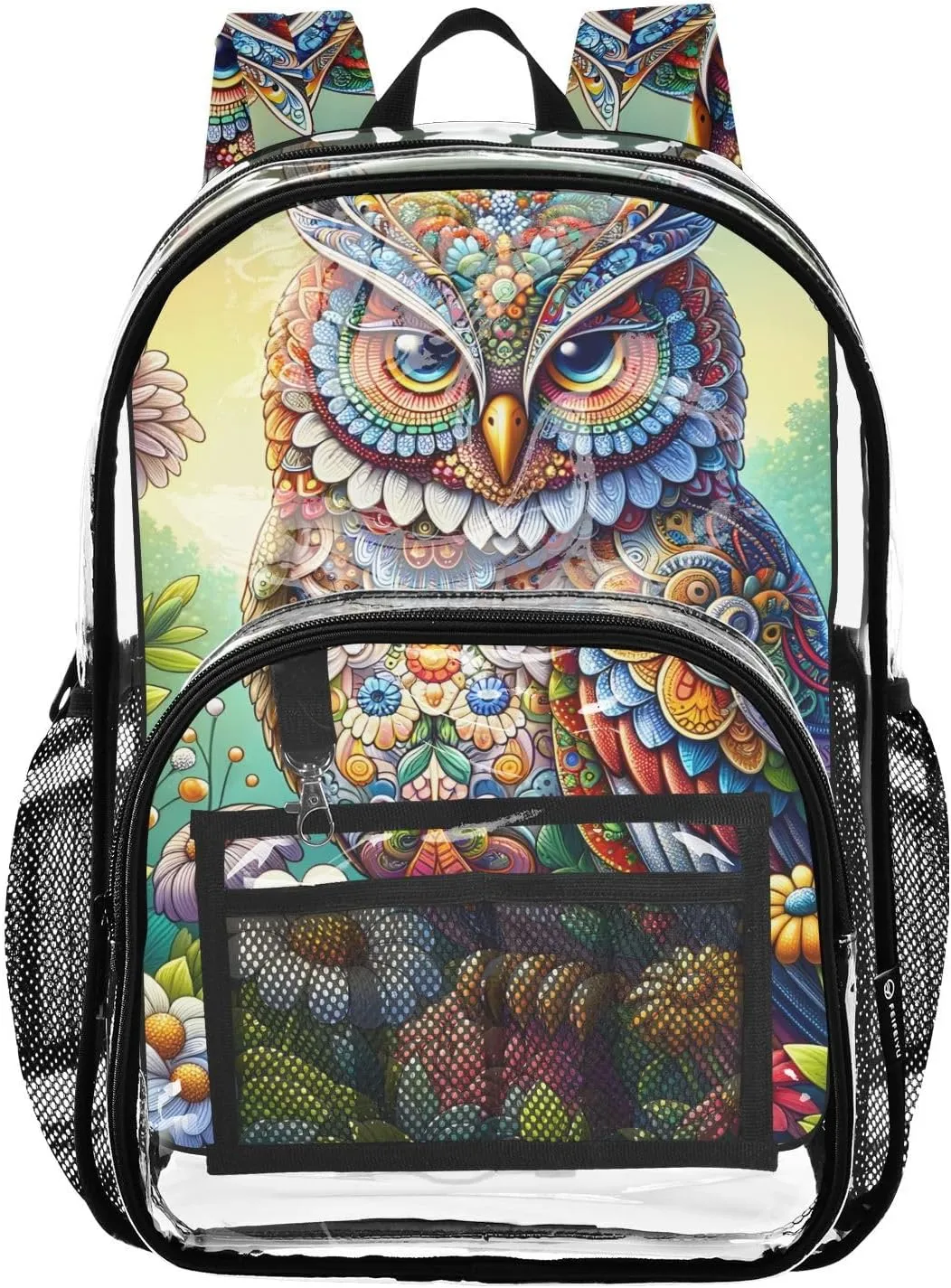 Beautiful Owls Clear Plastic Backpack - Transparent PVC Heavy Duty Bag with Large Main Pocket and Mesh Pockets - Ideal for School, Travel, Outings - Clear Backpack for Everyday Use
