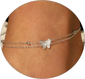 BERISO Ankle Bracelets for Women 14k Gold Plated Dainty Initial Anklets for Women Adjustable Size