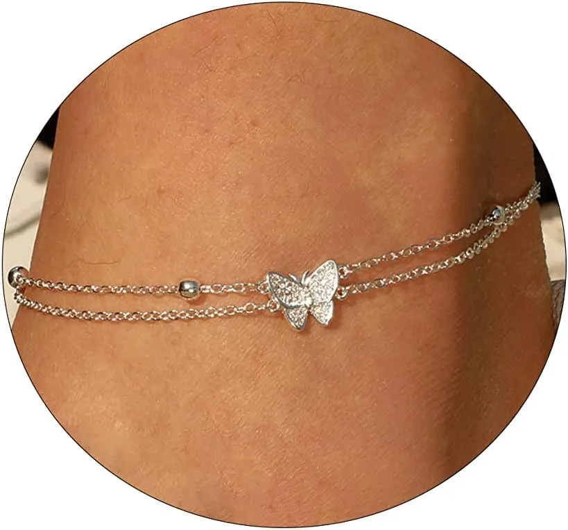 BERISO Ankle Bracelets for Women 14k Gold Plated Dainty Initial Anklets for Women Adjustable Size