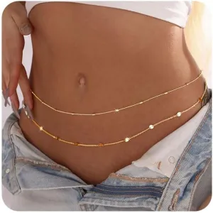 BERISO Body Chains for Women,14K Gold Dainty Boho Layered Beach Waist Chain Adjustable Bikini Belly Chain Body Chain Jewelry