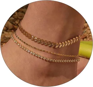 BERISO Gold Ankle Bracelets for Women 14K Gold Plated Summer Beach Layering Rhinestone Cubic Zirconia Beaded Pearls Fishbone Ankle Bracelets for Women Minimalist Anklet for Women Gold Jewelry Gift,