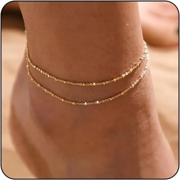 BERISO Gold Ankle Bracelets for Women 14K Gold Plated Summer Beach Layering Rhinestone Cubic Zirconia Beaded Pearls Fishbone Ankle Bracelets for Women Minimalist Anklet for Women Gold Jewelry Gift,