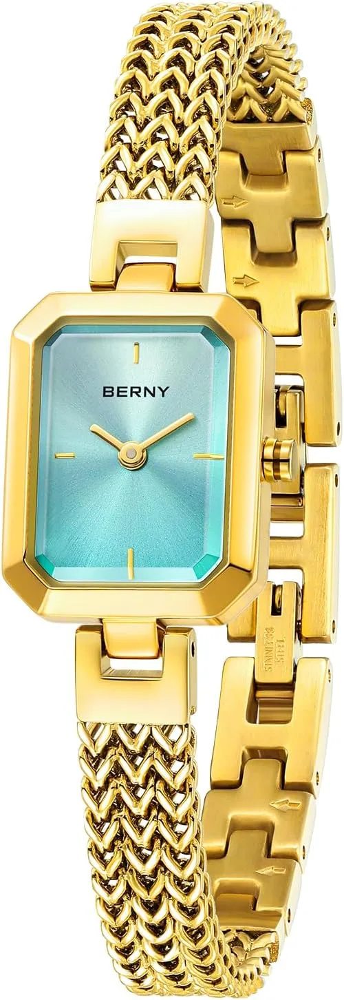 BERNY Gold Watch for Women Dainty Quartz Bracelet Watch Ladies Rectangle Mini Wrist Watches Small Fashion 3ATM Waterproof All Stainless Steel Detachable Watch Band