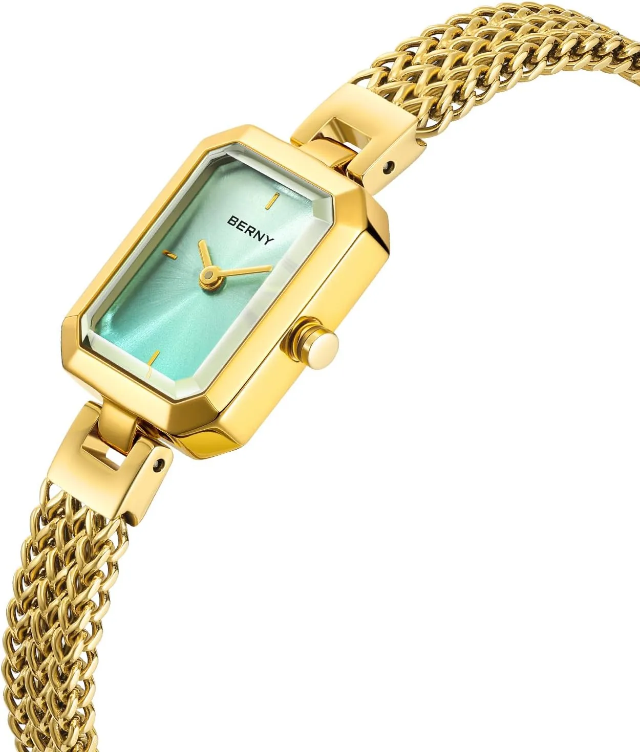 BERNY Gold Watch for Women Dainty Quartz Bracelet Watch Ladies Rectangle Mini Wrist Watches Small Fashion 3ATM Waterproof All Stainless Steel Detachable Watch Band