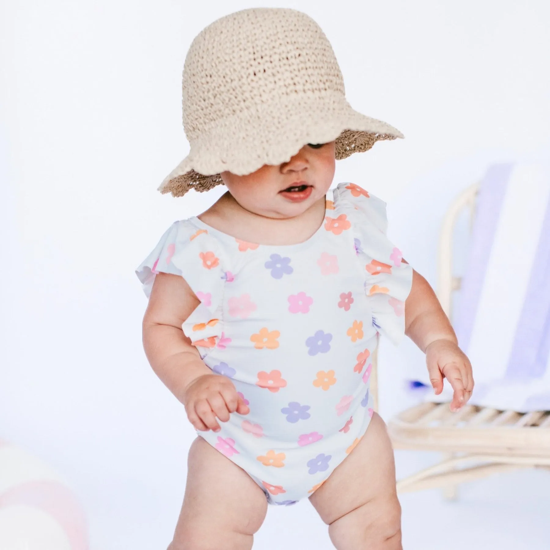 Big Daisies Ruffle Sleeves One-Piece Bathing Suit
