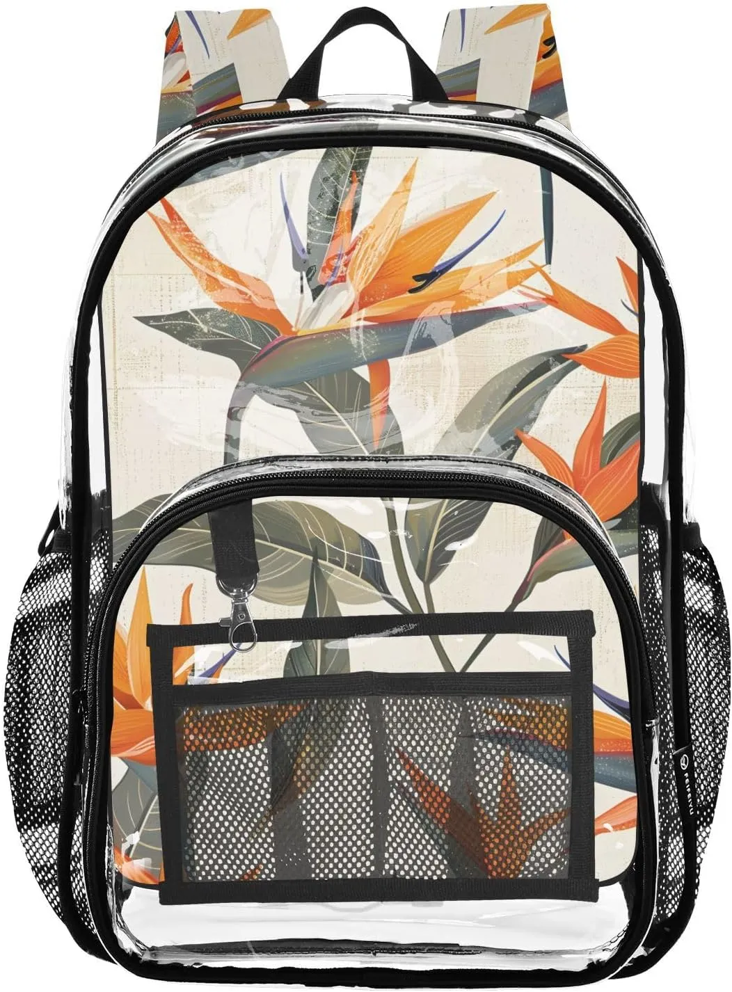 Bird Of Paradise Clear Plastic Backpack - Transparent PVC Heavy Duty Bag with Large Main Pocket and Mesh Pockets - Ideal for School, Travel, Outings - Clear Backpack for Everyday Use