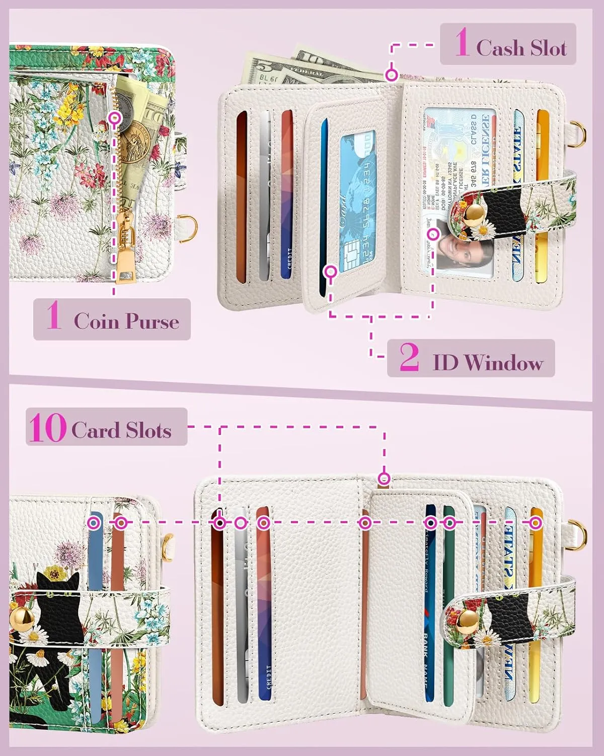 Bistup Wallet for Women Cute Small Card Wallet Genuine Leather Rfid with Keychain for Ladies Teen Girls Female Girly Aesthetic Cat Flower Kawaii Unique Pretty Modern Bifold Credit Card Holder
