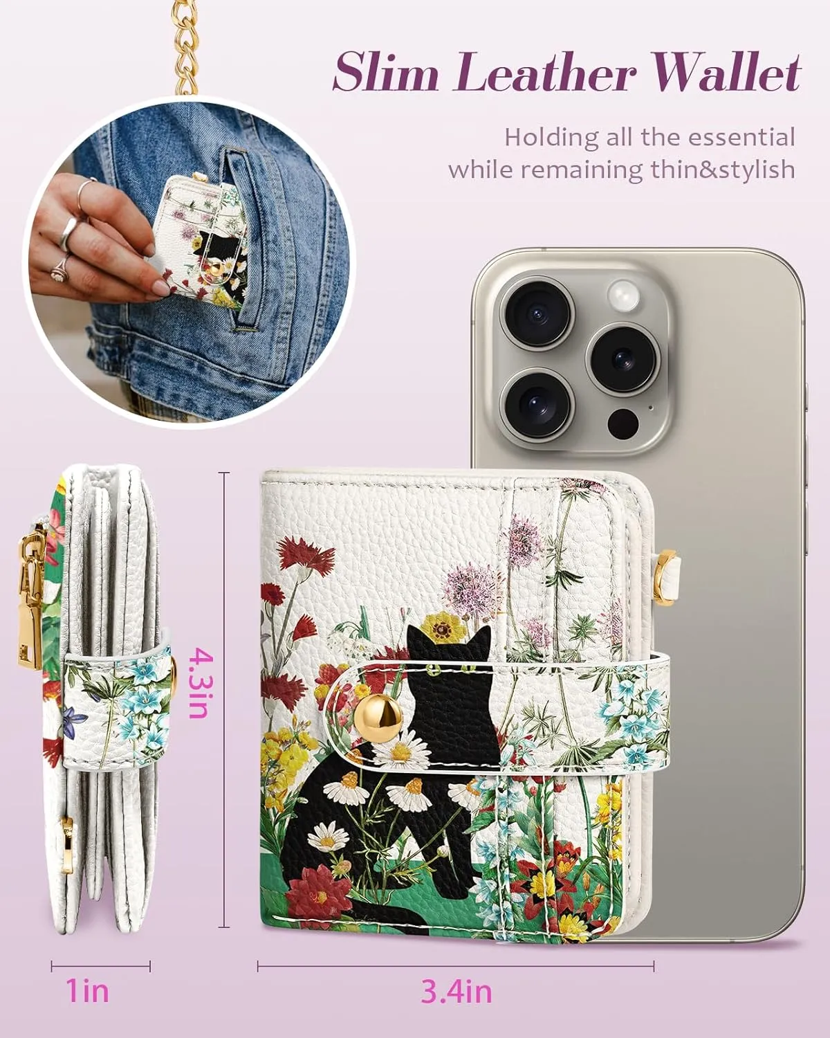 Bistup Wallet for Women Cute Small Card Wallet Genuine Leather Rfid with Keychain for Ladies Teen Girls Female Girly Aesthetic Cat Flower Kawaii Unique Pretty Modern Bifold Credit Card Holder