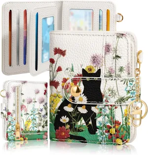 Bistup Wallet for Women Cute Small Card Wallet Genuine Leather Rfid with Keychain for Ladies Teen Girls Female Girly Aesthetic Cat Flower Kawaii Unique Pretty Modern Bifold Credit Card Holder