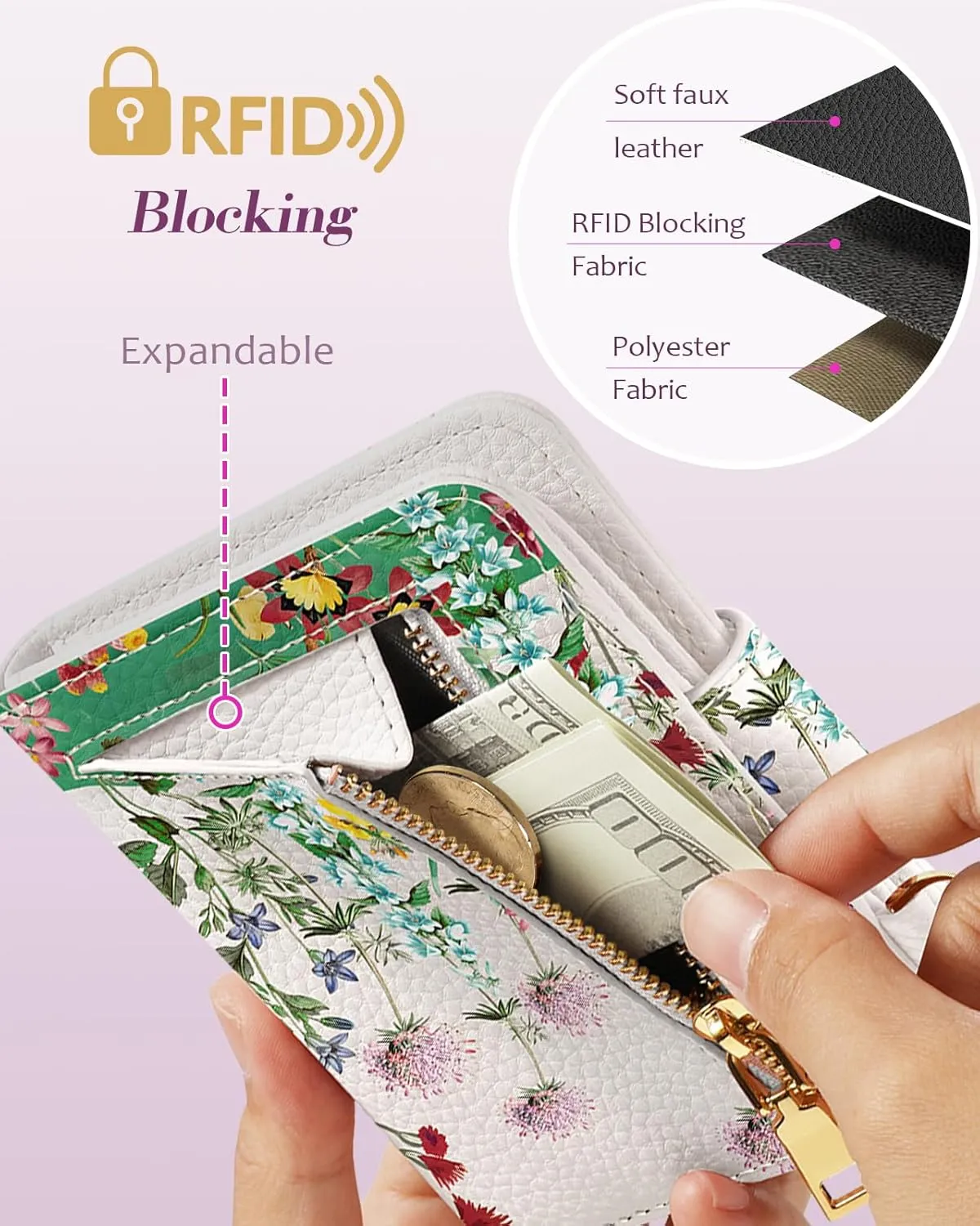 Bistup Wallet for Women Cute Small Card Wallet Genuine Leather Rfid with Keychain for Ladies Teen Girls Female Girly Aesthetic Cat Flower Kawaii Unique Pretty Modern Bifold Credit Card Holder