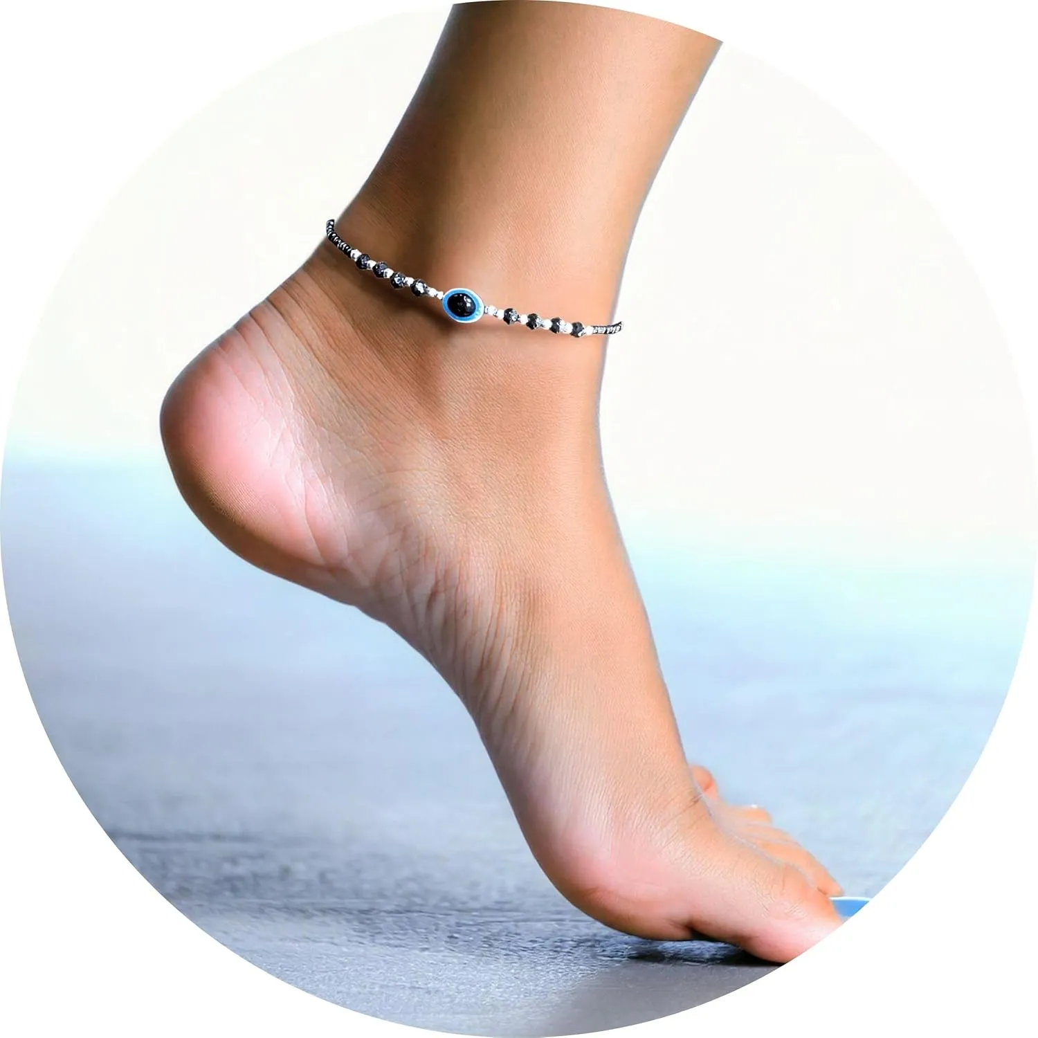 Black Bead Crystal Evil Eye Anklet for Women Handmade Simple Waterproof Ankle Foot Bracelets for Women Minimalist Jewelry Adjustable