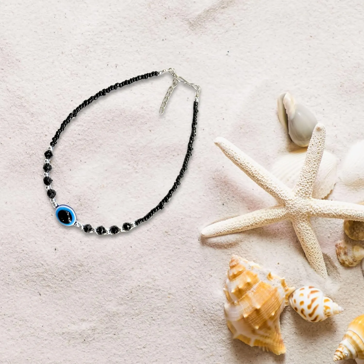 Black Bead Crystal Evil Eye Anklet for Women Handmade Simple Waterproof Ankle Foot Bracelets for Women Minimalist Jewelry Adjustable
