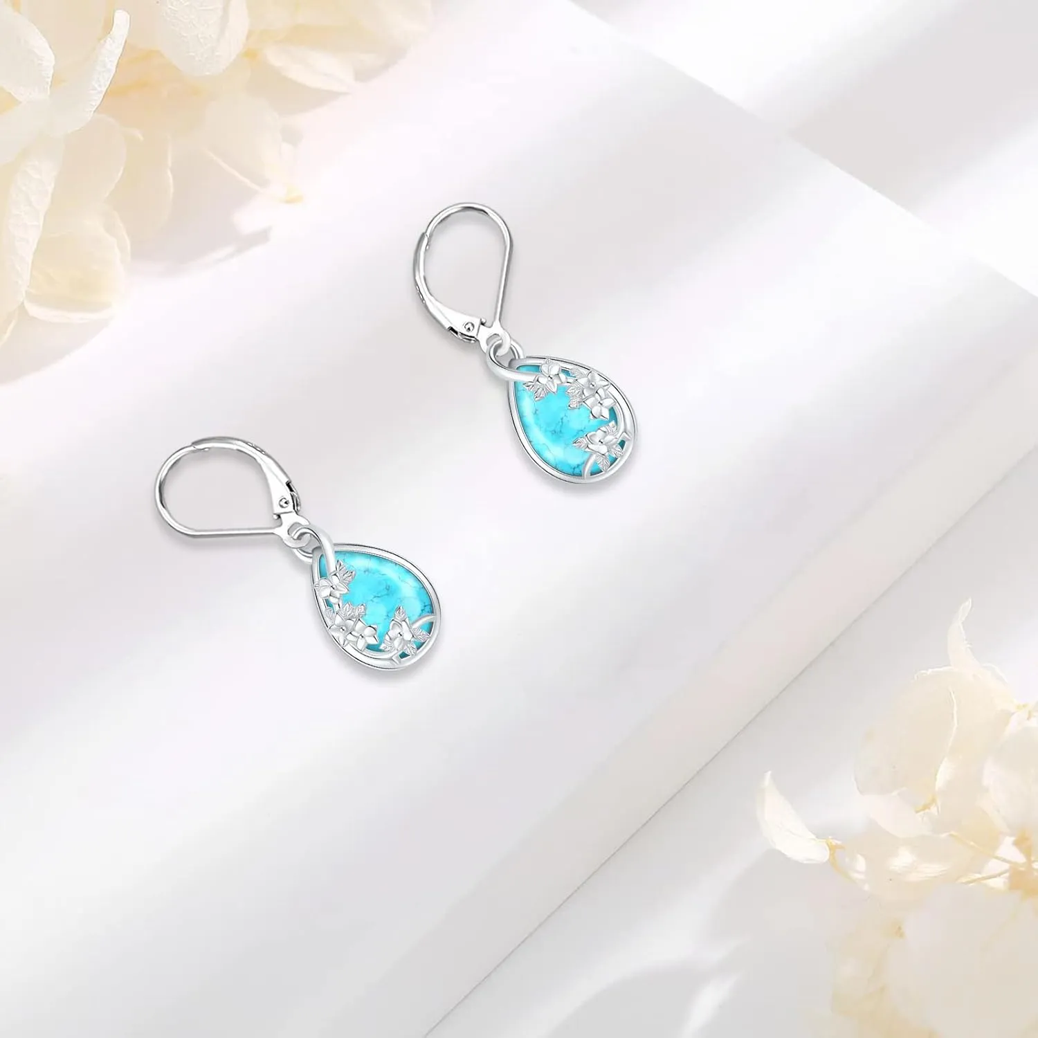 Black Cat/Turtle/Moonstone//Turquoise/Flower/Tree of Life Earrings Sterling Silver Cute Animal Leverback Dangle Earrings Jewelry Gifts