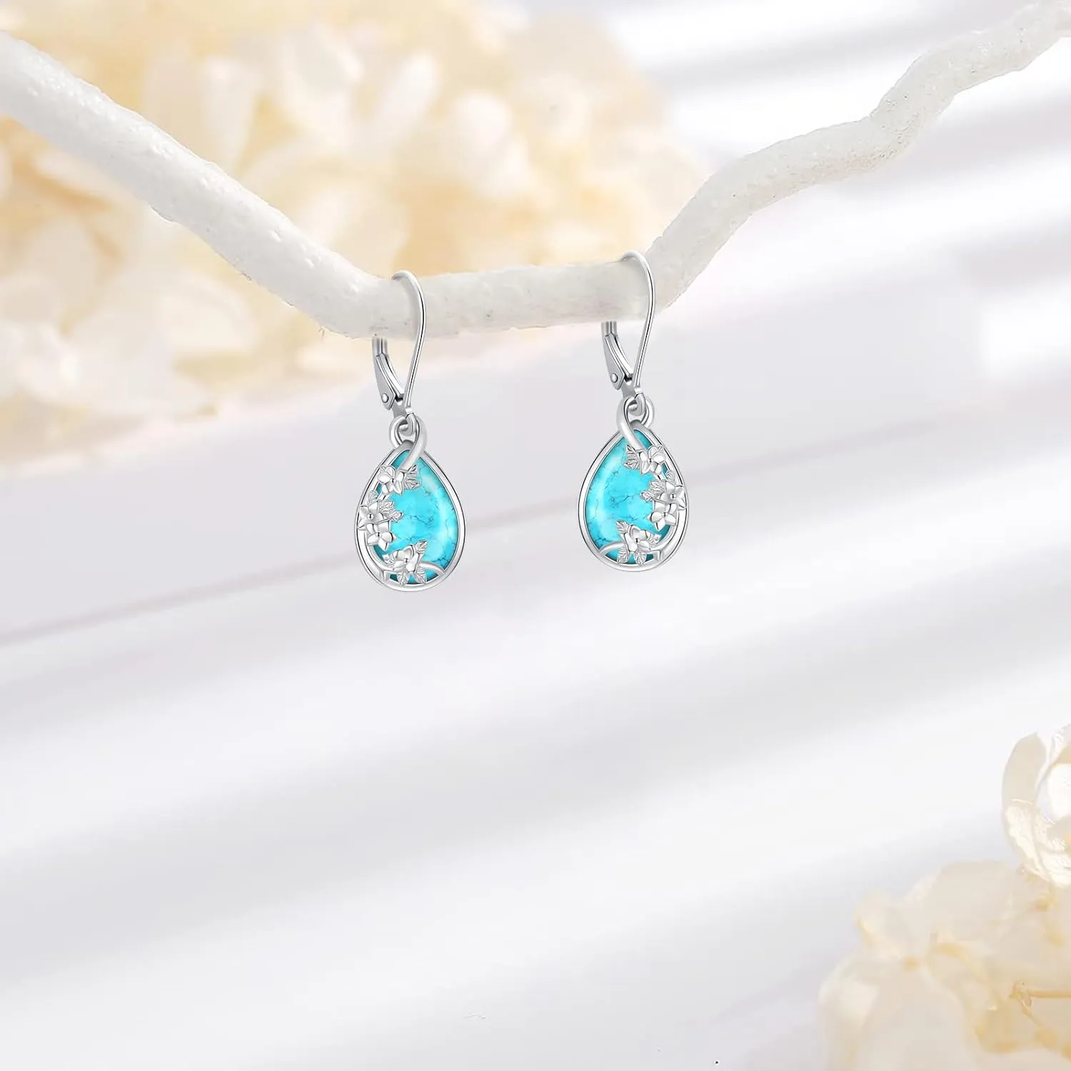 Black Cat/Turtle/Moonstone//Turquoise/Flower/Tree of Life Earrings Sterling Silver Cute Animal Leverback Dangle Earrings Jewelry Gifts