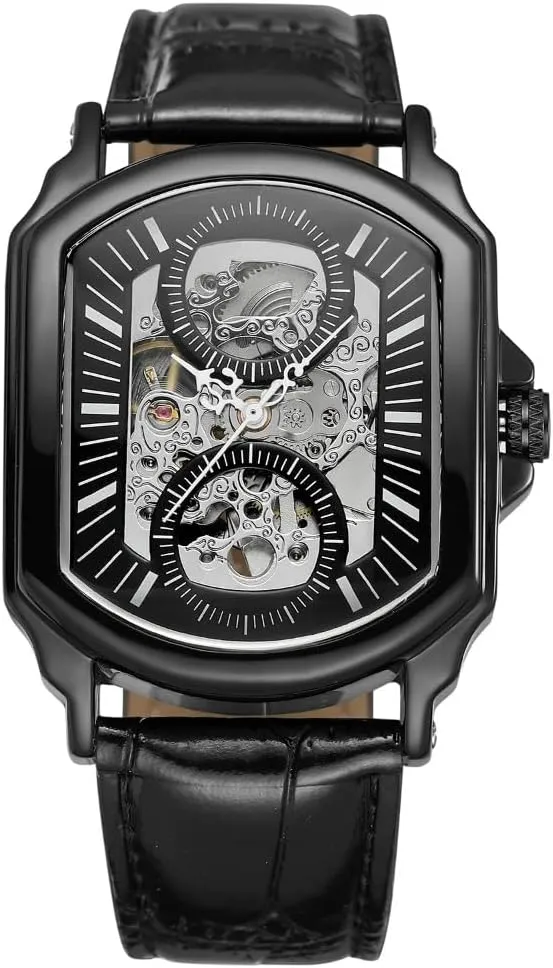 Black Hollowed-out Nail Scale Irregular Rectangular Mechanical Watch Luxury Automatic Self-Wind Movement Skeleton Dial Design Men's Mechanical Watch Leather Strap