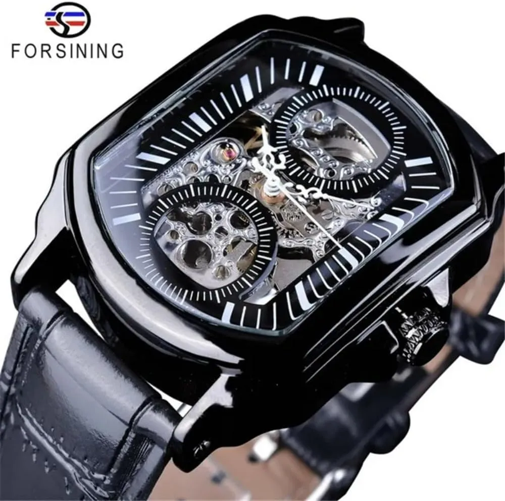 Black Hollowed-out Nail Scale Irregular Rectangular Mechanical Watch Luxury Automatic Self-Wind Movement Skeleton Dial Design Men's Mechanical Watch Leather Strap