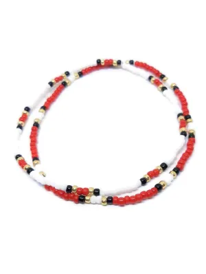 Black, red, gold, and white stretch anklets. Minimalist stacking anklets. Seed bead elastic cord ankle bracelets. 2 piece set.