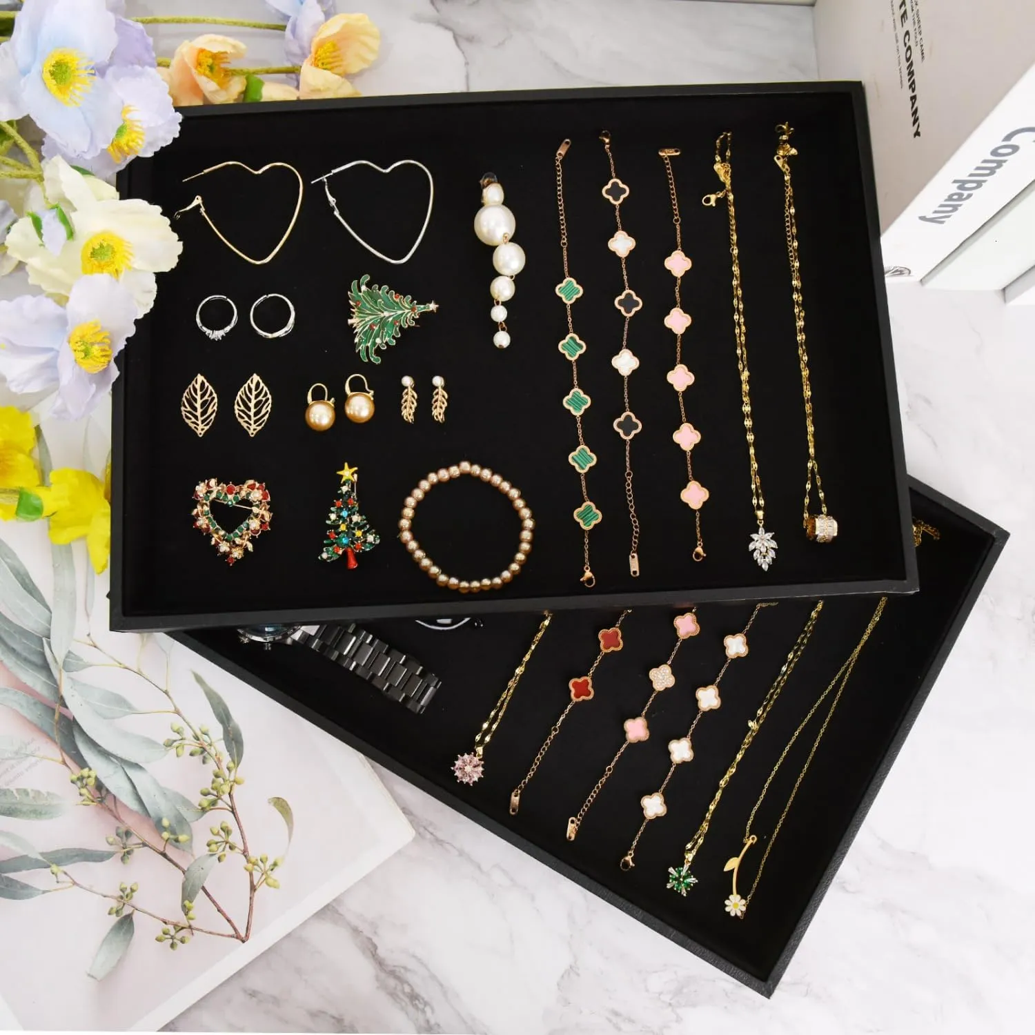 Black Velvet Jewelry Tray for Drawers Black Jewelry Display Tray Stackable Jewelry Trays Stackable Jewelry Organizer Trays for Necklace Bracelet Ring Watch Tray Felt Jewelry Tray(4 Pack)