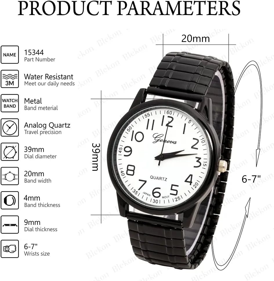 Blekon Collections Unisex Large Face Easy to Read 40mm Case Japanese Quartz Movement Stretch Band Watch