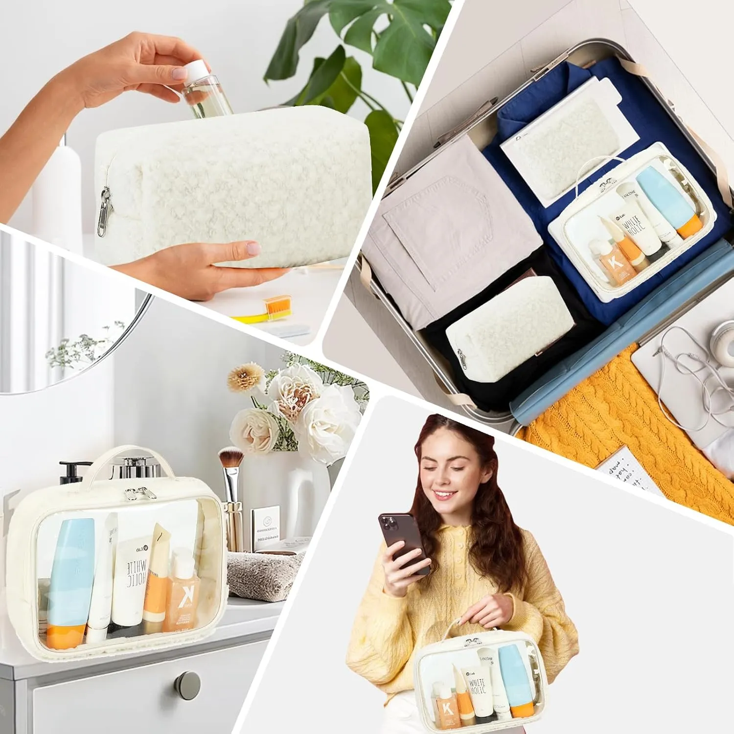 Bluboon 3Pcs Makeup Toiletry Bag for Women, Clear Packing Cubes Cosmetic Bag for Travel Women With Zipper Travel Essentials (Beige Lamb Wool)