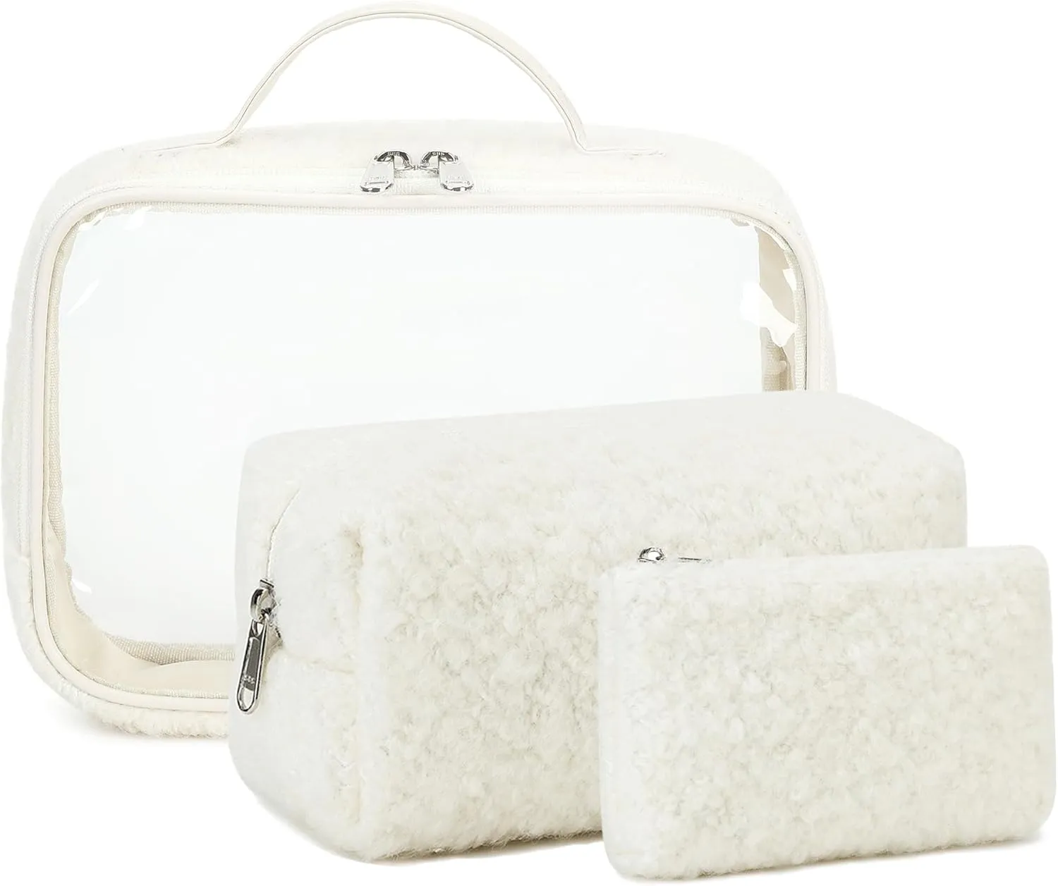 Bluboon 3Pcs Makeup Toiletry Bag for Women, Clear Packing Cubes Cosmetic Bag for Travel Women With Zipper Travel Essentials (Beige Lamb Wool)