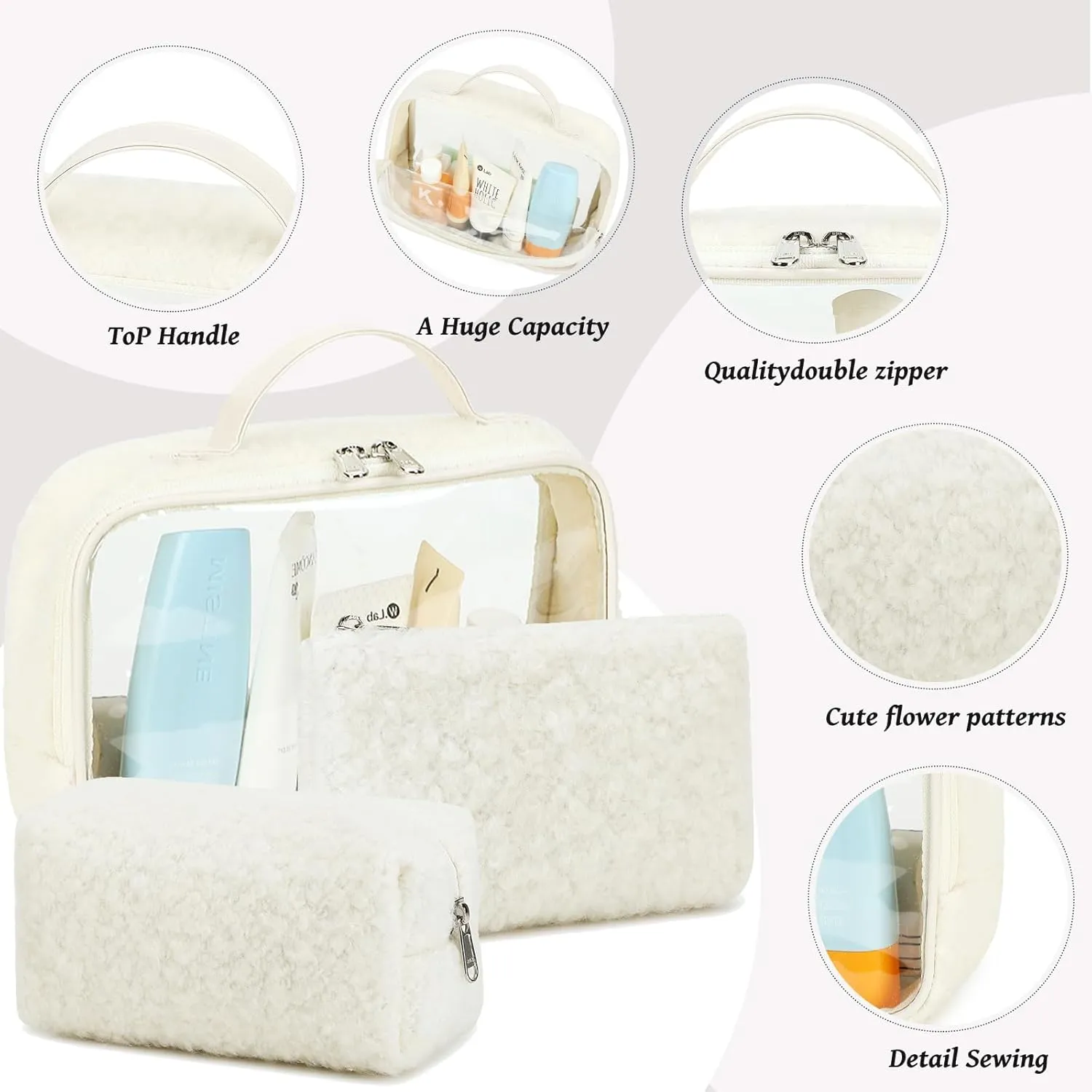 Bluboon 3Pcs Makeup Toiletry Bag for Women, Clear Packing Cubes Cosmetic Bag for Travel Women With Zipper Travel Essentials (Beige Lamb Wool)