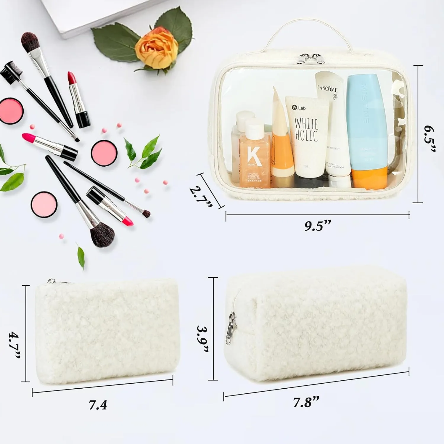 Bluboon 3Pcs Makeup Toiletry Bag for Women, Clear Packing Cubes Cosmetic Bag for Travel Women With Zipper Travel Essentials (Beige Lamb Wool)
