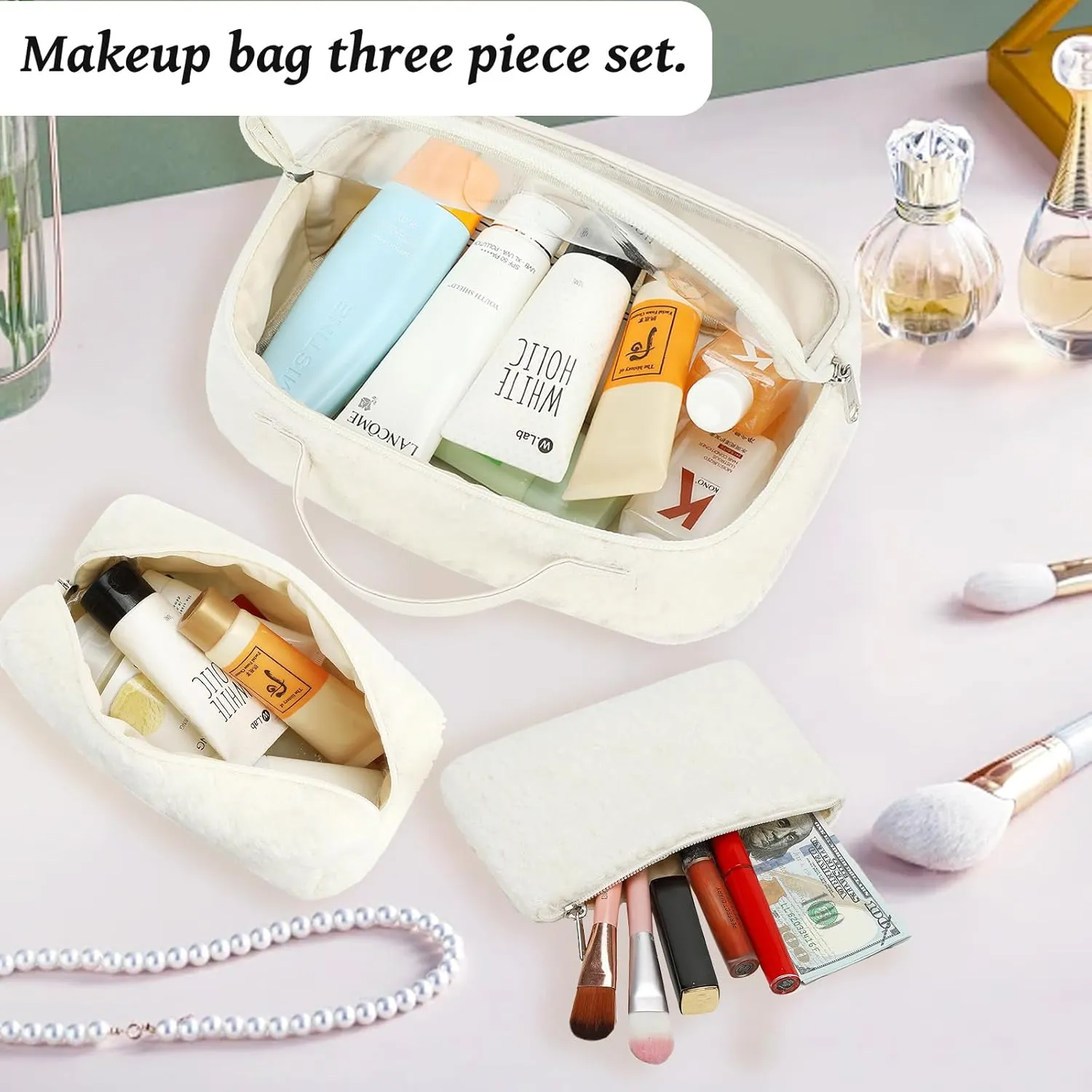 Bluboon 3Pcs Makeup Toiletry Bag for Women, Clear Packing Cubes Cosmetic Bag for Travel Women With Zipper Travel Essentials (Beige Lamb Wool)