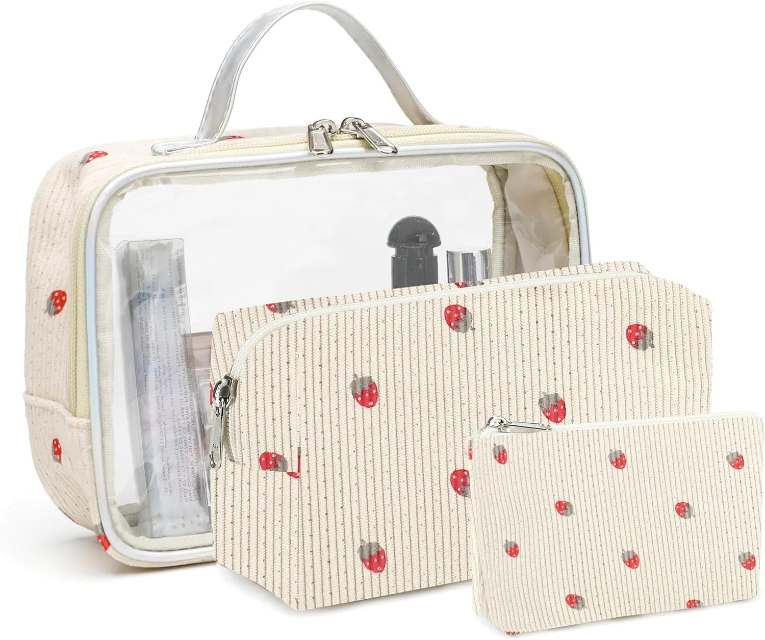 Bluboon 3Pcs Makeup Toiletry Bag for Women, Clear Packing Cubes Cosmetic Bag for Travel Women With Zipper Travel Essentials (Corduroy strawberries 2)